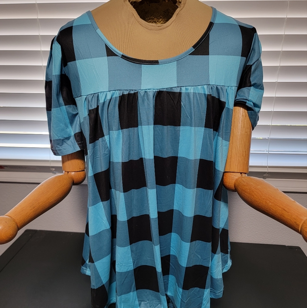 Allegrace Womens Blue and Black Checked Short-Sleeve Blouse-NWT
